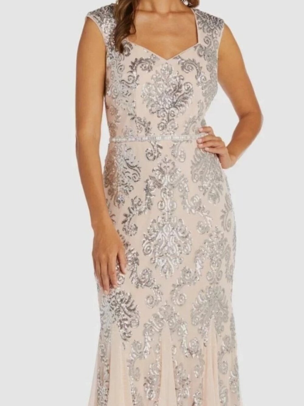 R&M Richards Blush Beige Silver Fleur Sequinned Long A-Line Dress